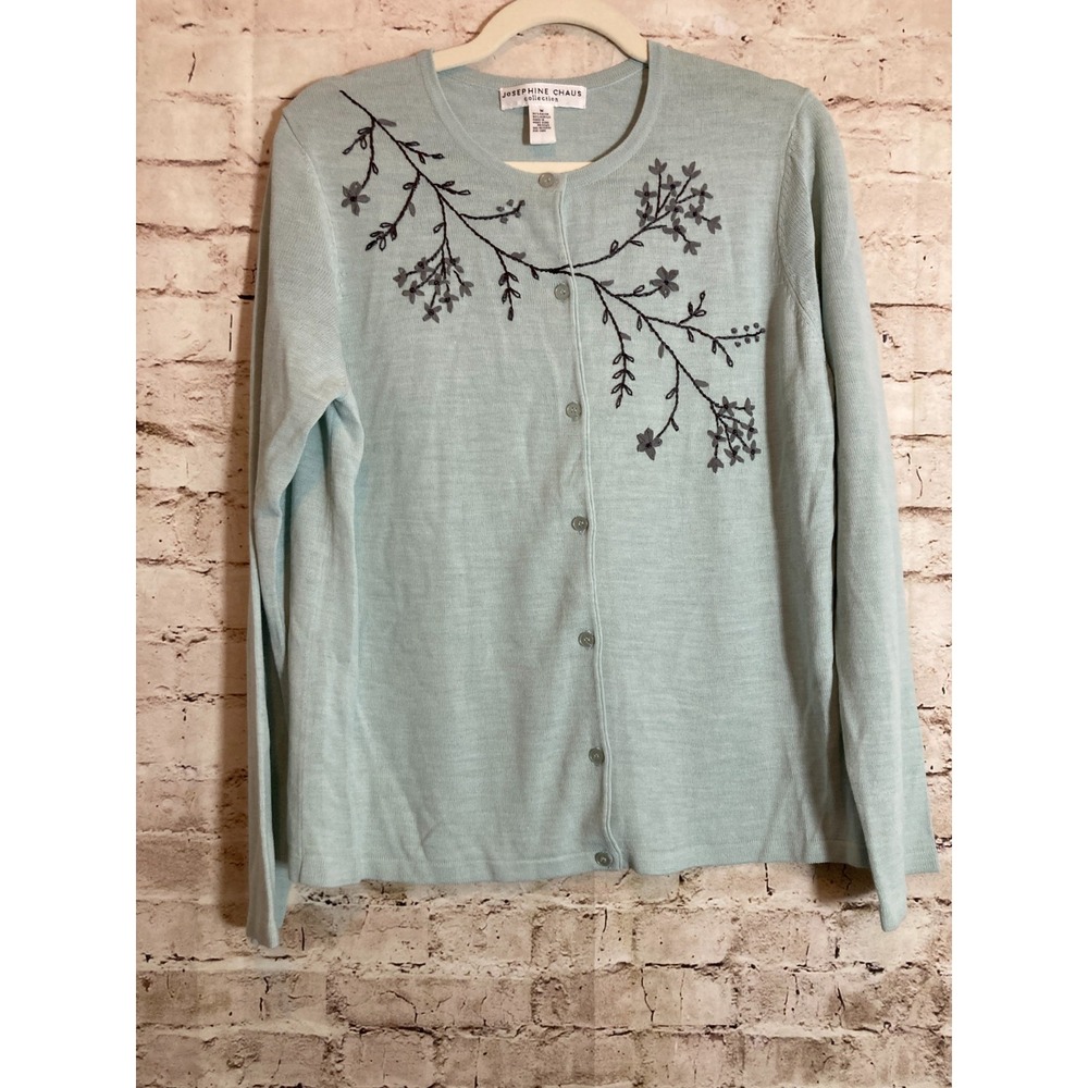 Josephine Chaus Cardigan Medium Lightest Turquoise Floral Embroidery Lightweight